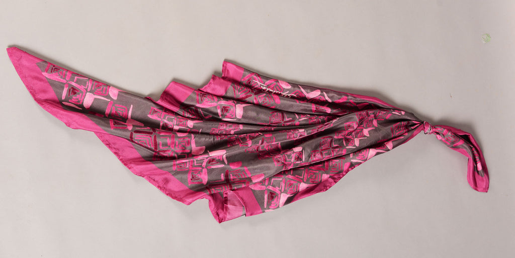 Grey And Rose Pink Colour Story Geometric Printed Pure Silk Scarf