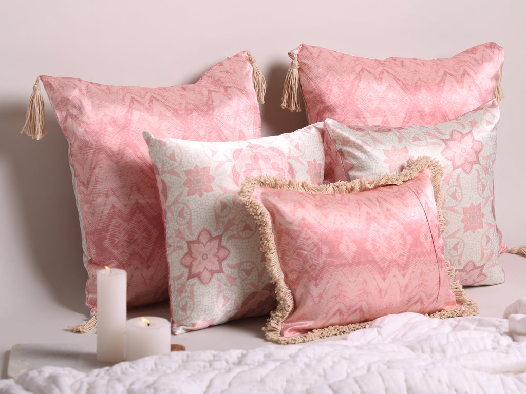 Luxury Satin Marble Rose and White Curated Set of 5 Reversible Cushions